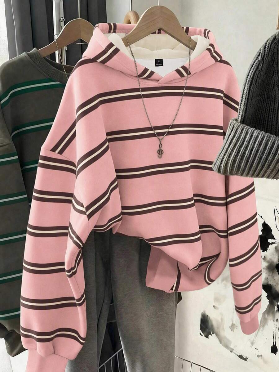 SHEIN EZwear 韓式Y2K休閒時尚百搭粉色與白色條紋圖案運動衫，適合外穿、攝影、露營、日常上學，秋季適用 - 彩色 - 查看 1
