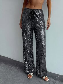 SHEIN Tall CURVE Plus Size Women Solid Color Waist Tie Sequin Wide Leg Long Pants - Black - View 8
