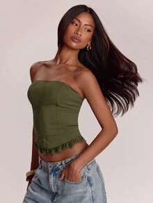 SHEIN BAE Women's Summer Elegant Lace Trim Bandeau Top - Army Green - View 5