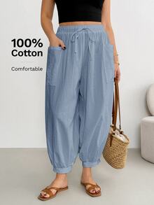 Shapeblank Plus Size Casual Solid Color Double Pocket Pants For Vacation - Dusty Blue - View 5
