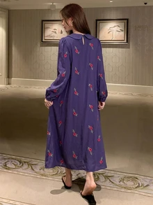 DAZY 花卉印花短袖寬鬆長洋裝 夏季女款睡裙 - 紫色 - 查看 2