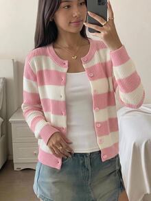SHEIN 青少年女孩秋冬藍白條紋休閒針織毛衣，簡約時尚，適合日常穿著 - 粉色 - 查看 1