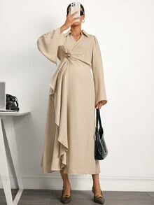 MaterniWear Khaki Maternity Dress With Metallic Trim And Ruffled Hem – Workwear / Autumn - Khaki - View 4