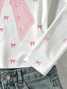 Tween Girls' Long Sleeve T-Shirt With Bow Knot All-Over Print, Sweet And Cute Faux Pearl Bow Knot Pattern, Suitable For Autumn And Winter, Perfect For Outdoor And Street Wear - Multicolor - View 3