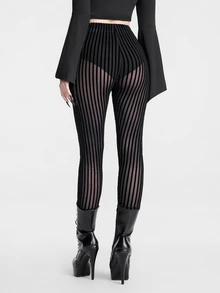 Breakform Gothic Halloween Women's Vertical Striped Sheer Mesh Textured Slim Fit Bodycon Dark Style Elastic Leggings - Black - View 2