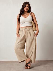 Enliva Plus Size Loose Fit Drawstring Casual Cropped Pants Fall - Apricot - View 6