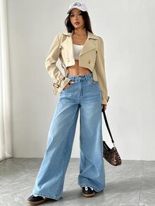 SHEIN EZwear 女款缺口領鈕扣前襟長袖短款風衣，適合秋冬日常休閒穿著 - 杏色 - 查看 5