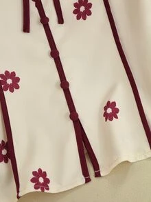 SHEIN Franclia French Vintage Daisy Print Solid Color Contrast Color Women's Long Sleeve Blouse, Autumn/Winter Commute Work Outfit - Burgundy - View 5