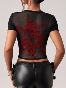 SHEIN ICON Spring/Summer Printed Short Sleeve T-Shirt, Blending Grunge Style With Fashionable Sexy Elements, Featuring Dragon Print And Flocked Mesh Patchwork Design, Suitable For Casual Outfits - Red and Black - View 2