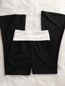 青少年女孩摺腰休閒百搭喇叭褲 - 黑與白 - 查看 2