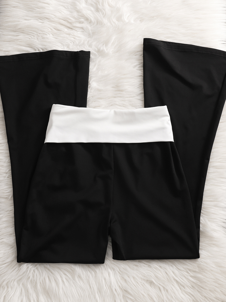 Teen Girl Folded Waist Casual Versatile Flare Pants - Black and White - View 2