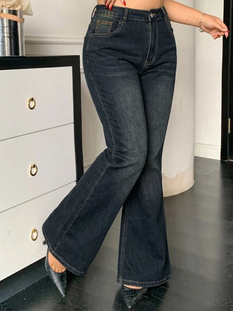 Dazy Plus Distressed Washed Slim Fit Flare Leg Jeans With Pockets, Elegant Stretch Skinny Denim Pants Fall - Dark Wash - View 1