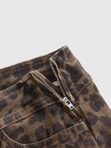 ROMWE Street Life Low Waist Sexy Hot Pants Denim Leopard Print Elastic Drawstring Women's Denim Shorts - Brown - View 3