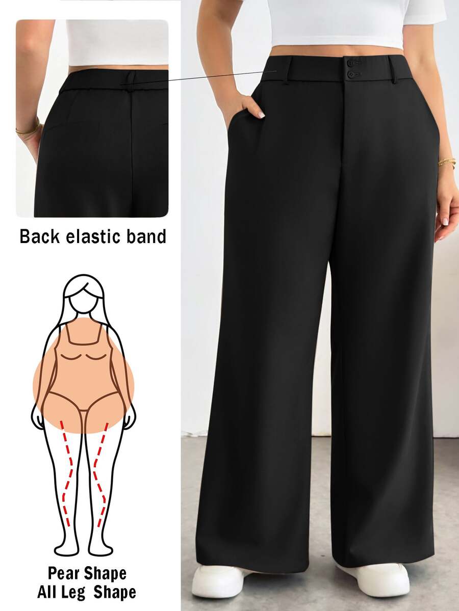 Shapeblank 大尺碼女款純色高腰口袋寬腿鬆身長褲 - 黑色 - 查看 1