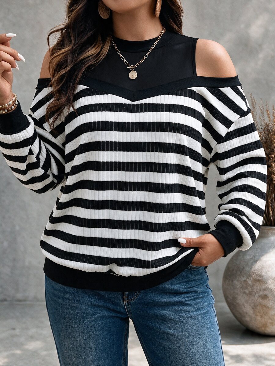 Ceyna Plus Size Women's French Casual Elegant Striped Cold Shoulder Long Sleeve Sweatshirt - Black and White - View 1
