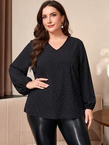 Reflora Plus Size Women's V-Neck Polka Dot Casual Versatile Daily Wear Blouse - Black - View 4