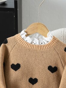 SHEIN 女童修身針織休閒蕾絲領愛心圖案毛衣，秋冬款 - 卡其色 - 查看 4