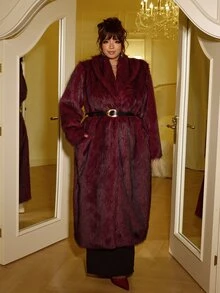 GalTyme Plus Size Women's Solid Color Long Sleeve Loose Faux Fur Coat - Burgundy - View 3