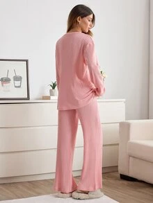 SHEIN Minimal Letter Graphic Ribbed Sleepwear Co-Ord - Pink - View 2