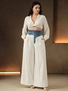 Anewsta Celana Jeans Denim Wanita Ukuran Plus dengan Motif Patchwork Biru & Putih, Pinggang Tinggi, dan Hem Berkerut, Cocok untuk Musim Semi/Panas, Kasual untuk Perjalanan Kantor/Komuter. - Putih - View 4