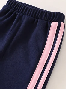 SHEIN 女童學院風 Polo 領兩件套，海軍藍撞色翻領 V 領長袖上衣 + 高腰寬腿褲，經典臘腸狗卡通圖案印花休閒套裝，寬鬆舒適，春夏秋冬百搭運動風，適合日常上學與外出 - 藏蓝色 - 查看 6