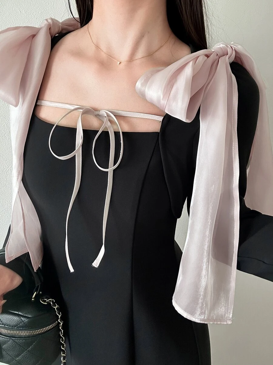 FRIFUL Women's Elegant Romantic Bowknot Long Dress Party Dinner Date Night Cocktail Black And Pink Fall Wedding - Grey - View 1
