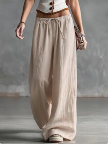 SHEIN EZwear Fall Beige Linen Drawstring Wide Leg Long Pants Women, Elastic Waist, Drapey Loose Straight Floor Length, Casual Home Brunch Commute Vacation - Khaki - View 1