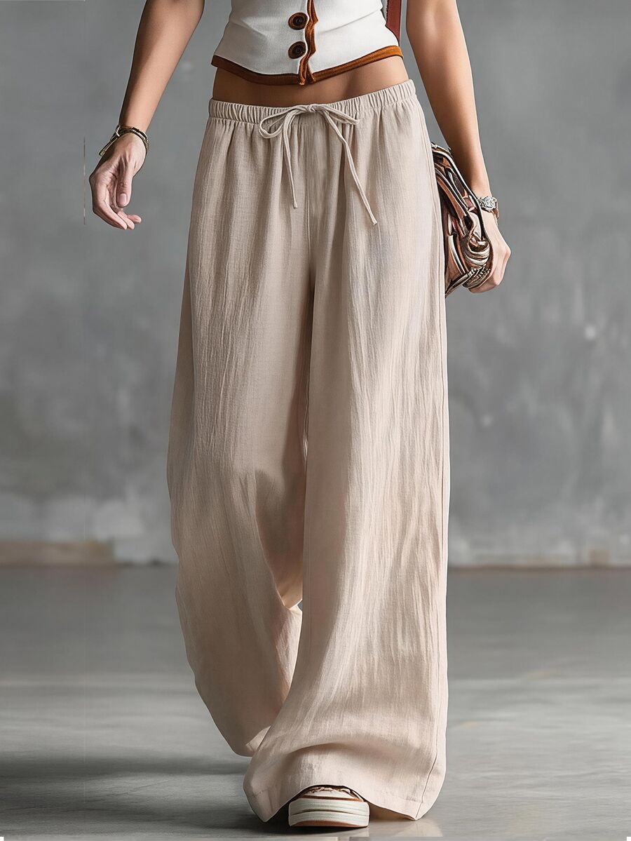 SHEIN EZwear Fall Beige Linen Drawstring Wide Leg Long Pants Women, Elastic Waist, Drapey Loose Straight Floor Length, Casual Home Brunch Commute Vacation - Khaki - View 1