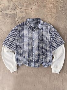 SWAVVY 男士格紋拼接花卉刺繡假兩件式襯衫 - 藍色 - 查看 1