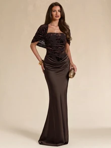 SHEIN BAE Fall Winter Deep Brown Satin Off Shoulder Ruched Slim Dress Elegant Thanksgiving Christmas Evening Gown - Brown - View 6