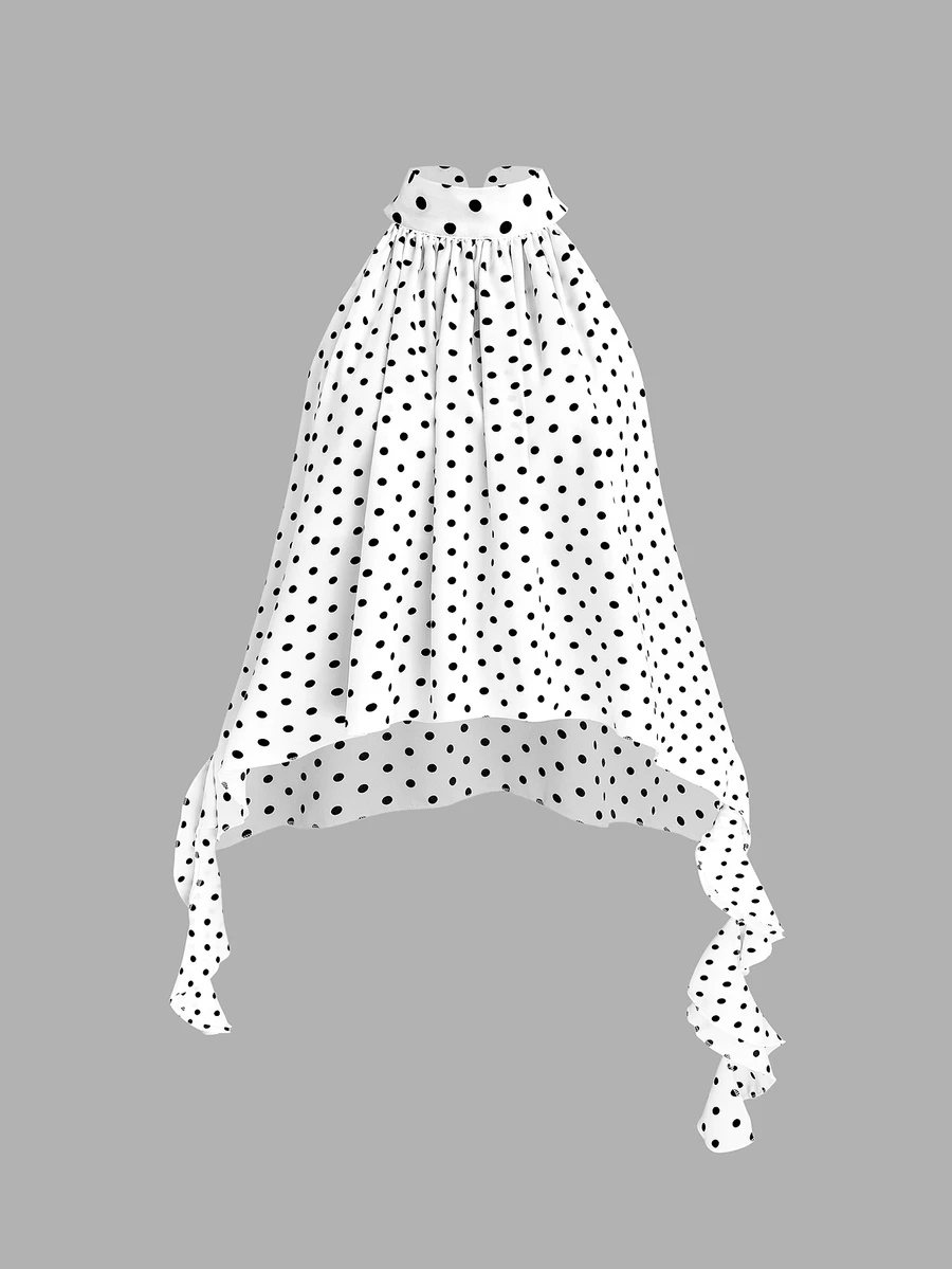 Sweetra Plus Size Halter Neck Polka Dot Sleeveless Flared Blouse - White - View 1