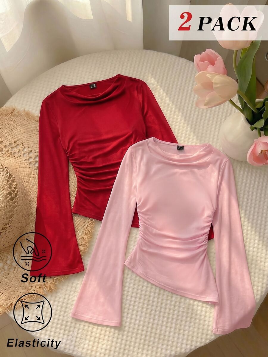 SHEIN MOD 女款 2 件組 酒紅與杏色圓領抓皺腰部喇叭袖不對稱下擺百搭長袖 T 恤內搭層 - 紅色 - 查看 1