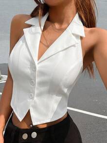 SHEIN EZwear 女款翻領露背無袖前扣西裝外套 秋冬款 - 白色 - 查看 3