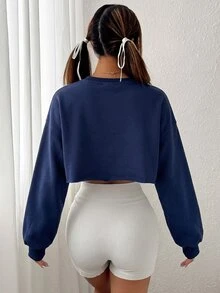 SHEIN EZwear 女款純色百搭短版長袖運動衫，適合日常穿著 - 藏蓝色 - 查看 2