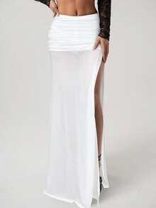 SHEIN ICON Women's High Slit Black Mesh Ruched Waist Sexy Vacation Metallic Decor Long Skirt - White - View 6