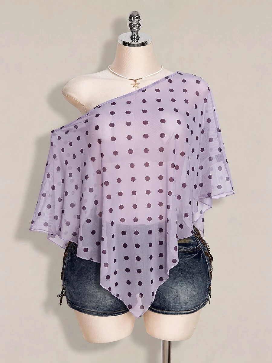 SHEIN ICON 女款大尺碼波點網紗不對稱上衣 - 紫丁香色 - 查看 1