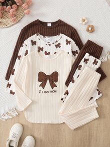 SHEIN Young Girls Bow T-Shirt Set, New Fall Looks, Autumn, Winter, Back To School Autumn/Winter Basic Base Set, Multi-Piece - Brown - View 6