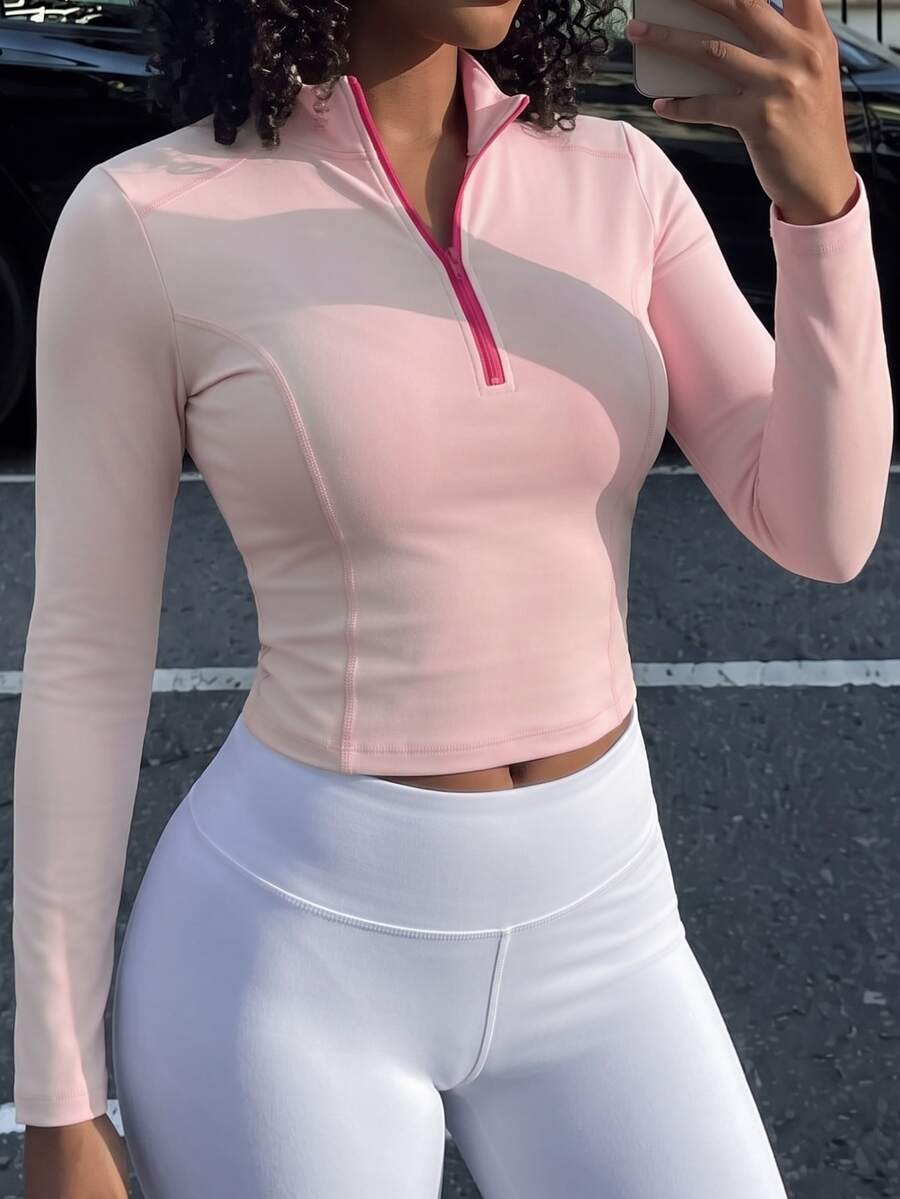 Rovax Front Zipper Fitted Cropped Sports T-Shirt - Baby Pink - View 1