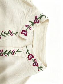 EMERY ROSE Boho Floral Embroidered Cotton Linen ShirtLadies Stand Collar Long Sleeve Loose FitDaily Blouse - Apricot - View 7