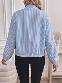 SHEIN LUNE 女款藍白條紋薄款短版棒球夾克，春秋休閒 - 彩色 - 查看 2