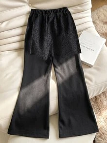 Elladie kids 女童黑色喇叭褲，附可拆式蕾絲包臀裙疊層，鬆緊腰綁帶裝飾，休閒度假喇叭長褲 - 黑色 - 查看 2