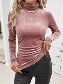 SHEIN Clasi 女款素色高領長袖休閒打底 T-shirt - 藕粉色 - 查看 5
