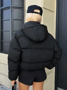 Livesso Women's Winter Black Hooded Drawstring Long Sleeve Thick Padded Pocket Decor Loose Padded Coat - Black - View 2