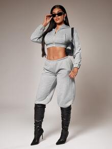 Radiana Sweatshirt Kasual Minimalis Dasar Abu-abu Super Pendek dengan Resleting - Light Grey - View 8