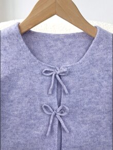 SHEIN 兒童青少年女孩寬鬆休閒極簡舒適圓領長袖綁繩蝴蝶結波點開襟衫 秋冬返校季 - 紫色 - 查看 4