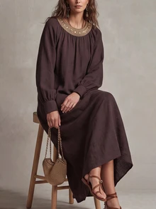 SHEIN Women's Long Round Neck Loose Straight Vintage Long Sleeve Robe Dress - Coffee - View 4