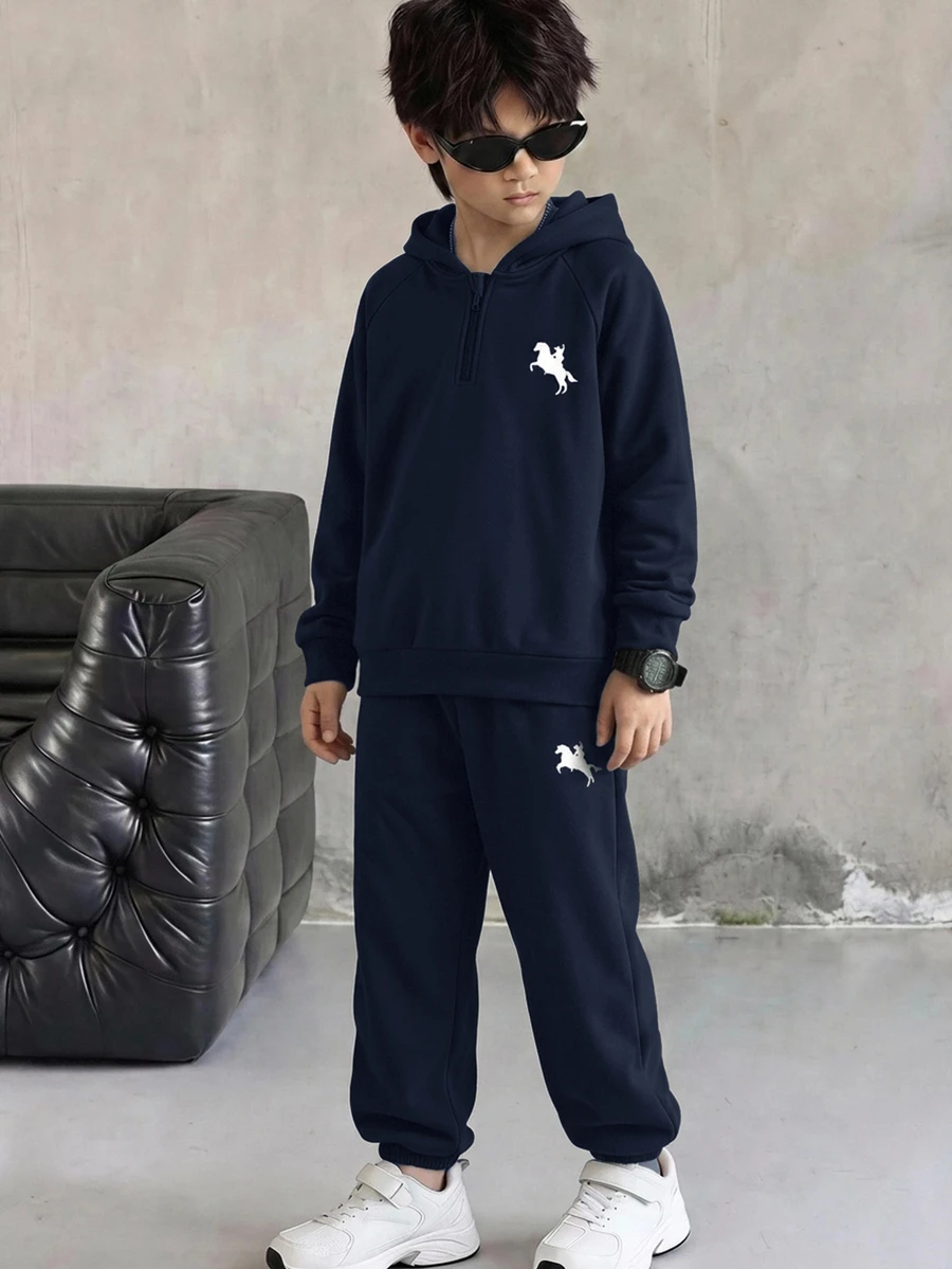 SHEIN Kids Tween Boy Knight Print Raglan Long Sleeve Autumn Winter Hoodie And Sweatpants Casual Set - Navy Blue - View 1