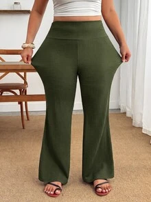 Enliva Plus Size Women's Solid Color Casual Versatile Everyday Long Pants - Army Green - View 6