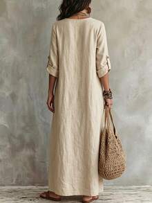 Linhara CURVE Autumn/Winter New Minimalist Versatile V-Neck Button-Down Single-Breasted Long Sleeve A-Line Dress, Fashion Slimming Figure-Flattering Plus Size Dress - Apricot - View 2