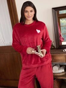 Doze Lane Casual Solid Color Plush Heart & Letter Embroidered Long Sleeve Pants Plus Size Pajama Set - Red - View 6